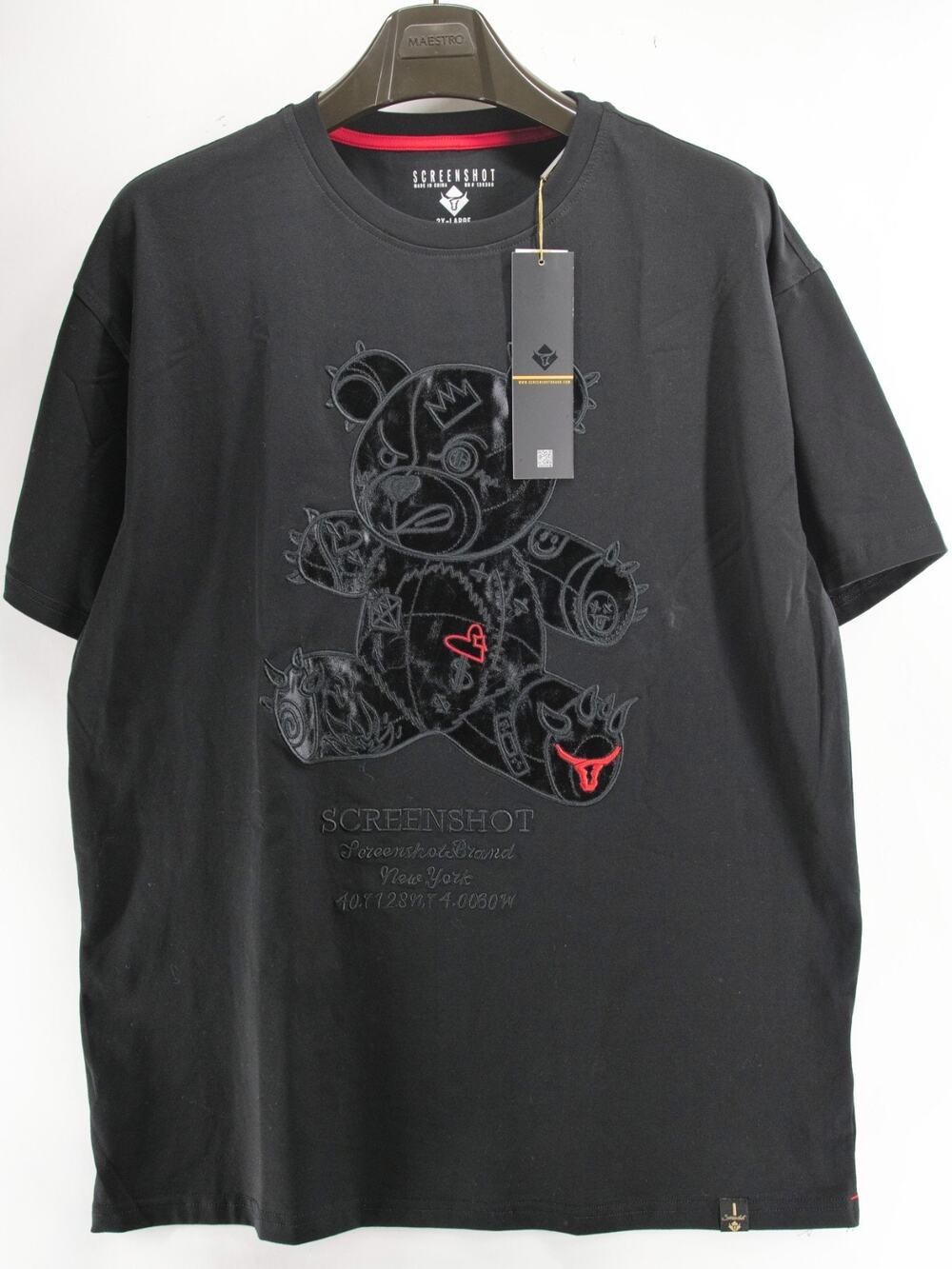 NWT Screenshot Men's 2XL Black T-Shirt Embroidered Shiny Bear Graphic Tee Shirt